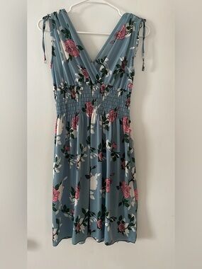 Blue Floral Midi Dress with Pink Rose Print and Tie Shoulders